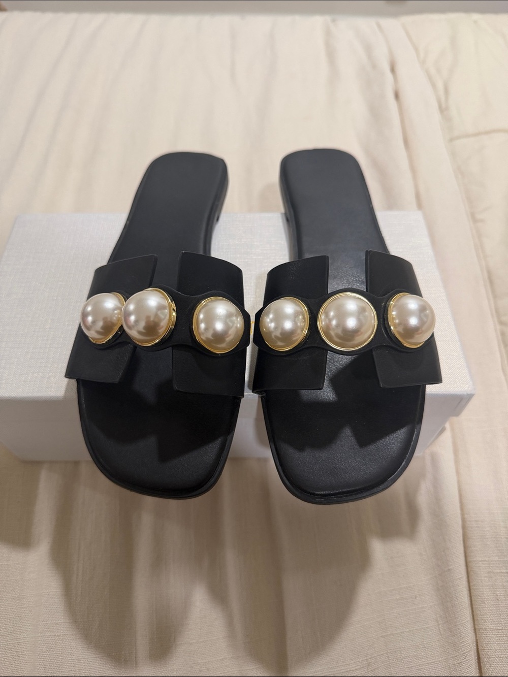 Black Pearl-Embellished Slide Sandals